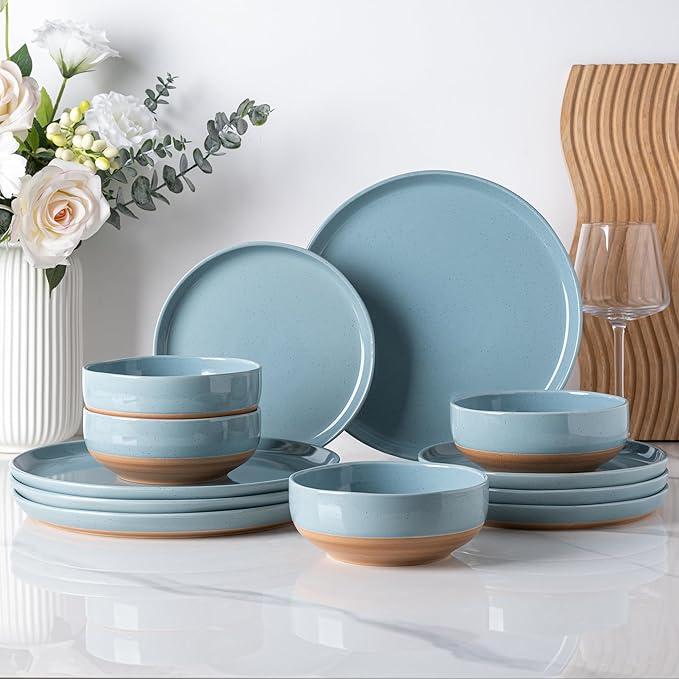 AmorArc Ceramic Dinnerware Sets for 4, 12 Pieces Handpainted Plates and Bowls Set with Rustic Terracotta Underside, Scratch Resistant Stoneware Dishes Set, Dishwasher & Microwave Safe, Stone Blue