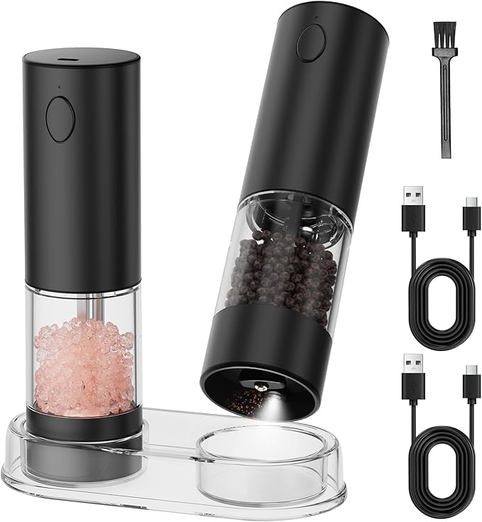 Electric Salt and Pepper Grinder Set, Rechargeable Automatic Salt Pepper Shakers Mills, Adjustable Coarseness Easy Filling with Base, for Kitchen Outdoors Gift- 2 Packs, Upgrade Black