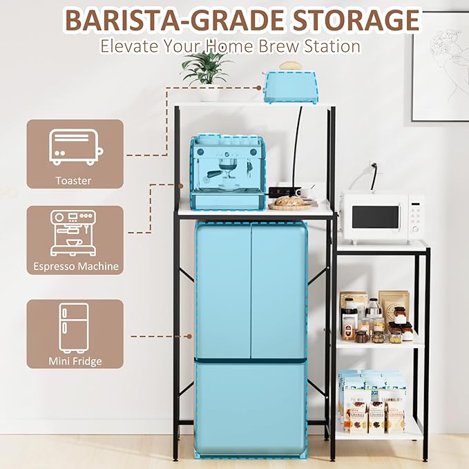 Mini Fridge and Microwave Stand Over Refrigerator Storage Shelf with Power Outlet, 5 Tiers Adjustable Bakers Rack Cabinet Coffee Bar Appliance Organizer for Dorm Office,Marble-Look
