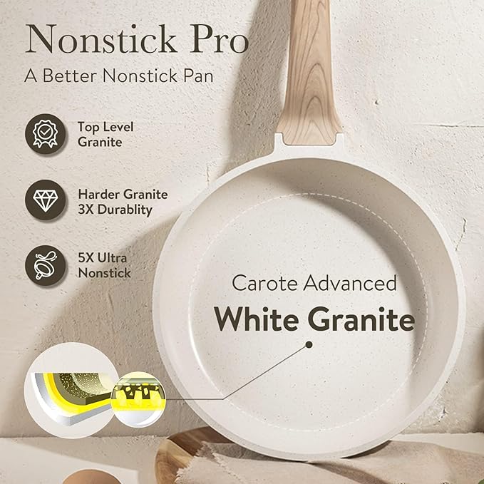 CAROTE Non Stick Frying Pan Skillet, Omelet Pan, Healthy Non Toxic Granite Chef Pan, Induction Compatible Egg Frying Pan with Heat-Resistant Handle, PFOA-Free,Cream White, 10"