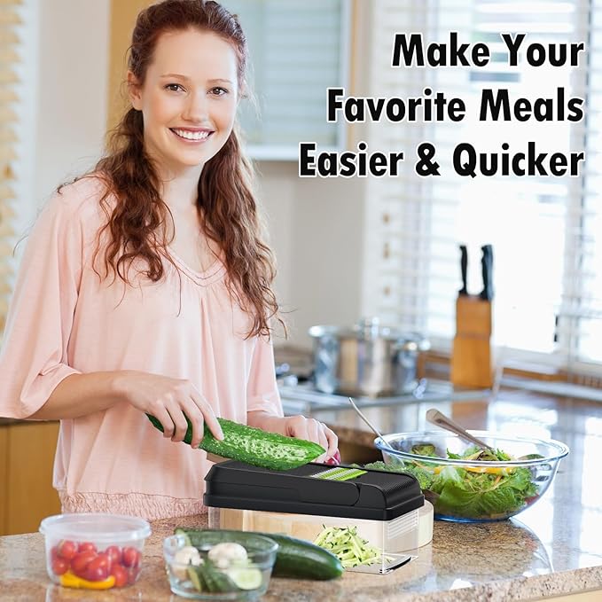 12-in-1 Vegetable Chopper, Kitchen Gadgets with 7 Blades, Veggie, Food, Onion Chopper, Cucumber Slicer, Versatile Mandoline, Includes Egg Separator & Finger Guard, Green