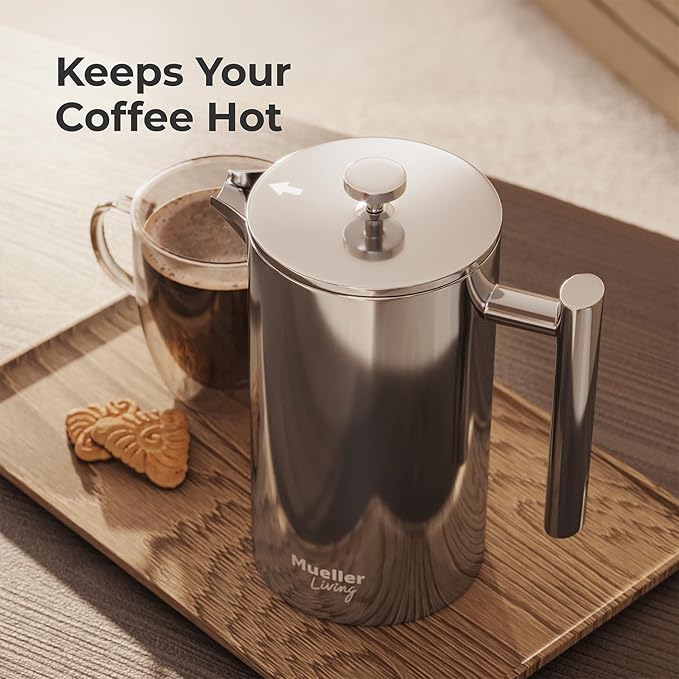 MuellerLiving French Press Coffee Maker 34oz, Stainless Steel French Press Coffee, 4 Filter Heat Resistant Double Insulated, Rust-Free, Food Grade, Dishwasher Safe Coffee Pot