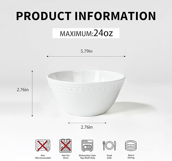 Melamine Bowl Set, Basic White Soup Bowls Set, 6 inch, 24oz All purpose/Soup/Salad Bowls Set of 6, Unbreakable Durable, Dishwasher Safe, BPA Free - Perfect for Soups, Salads & Entertaining