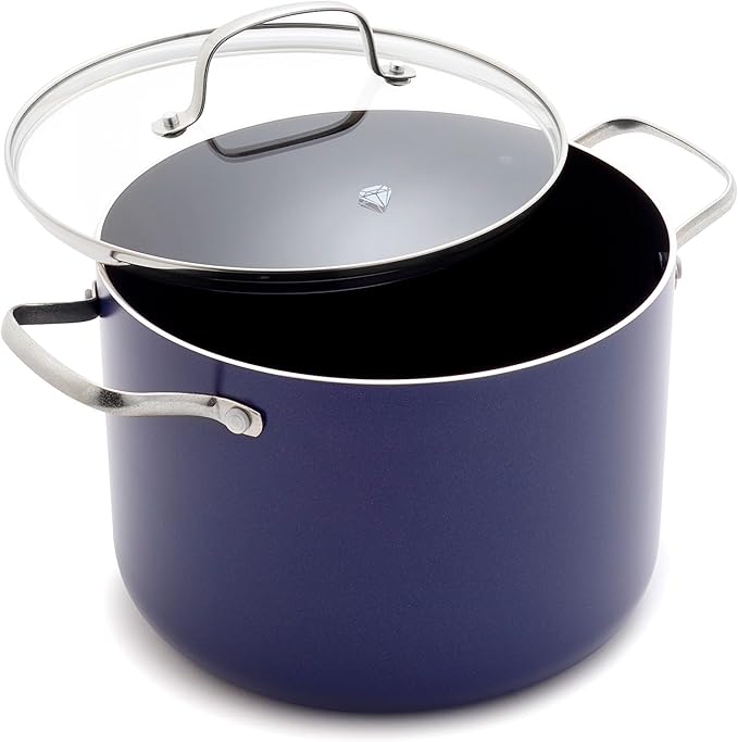 Blue Diamond 8QT Nonstick Stockpot with Glass Lid, PFAS-Free Ceramic, Multipurpose Cooking, Sauces & Soups, Pasta, Boiling & Canning Pot, Dishwasher & Oven Safe, Stainless Steel Handles, Navy