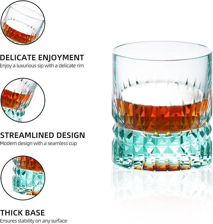 KAMMAK Crystal Whiskey Glasses Set, 7.8 oz (230 ml) Hand Blown Old Fashioned Tumbler, Thick Base Colored Glass with Delicate Rim & Seamless Design for Scotch, Bourbon, Cocktails, Aqua Green