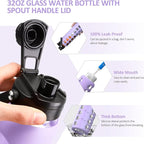 MUKOKO 24oz Glass Water Bottle with 2 Lids-Handle Flip Lid&Bamboo Straw Lid,Motivational Water Tumbler with Time Marker Reminder and Silicone Sleeve, Leakproof-Purple