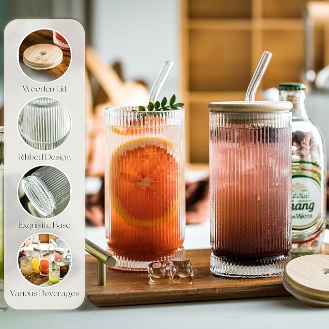 Vintage-Style 16oz Tall Drinking Glasses: Set of 6 Ribbed Glassware with Lids and Straws - Perfect for Cocktails, Smoothies, Juice, Beer, and Coffee - Versatile Design for All-Occasions (6Pcs)