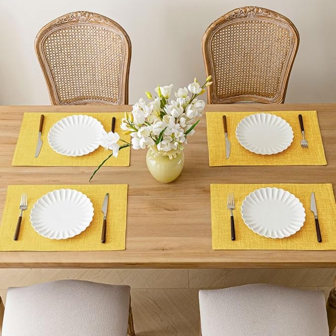 Placemats Set of 8, Bilayer Thickened Linen Place Mats Heat Resistant Machine Washable Wrinkle Free Carefully Selected Polyester Mats for Kitchen/Dining/Coffee Table (Yellow)