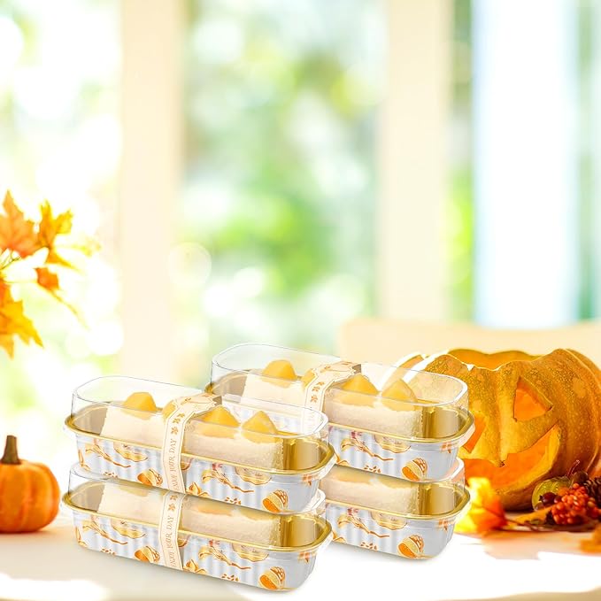 Tioncy 50 Pcs Autumn Themed Mini Pink Loaf Pans with Lids Spoons Sticker Cute Pumpkin 6.8oz Disposable Rectangle Aluminum Foil Baking Pans Muffin Cupcake Cups for Picnics Fall Birthday Party Supply