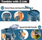 MUKOKO 32 oz Glass Tumbler with Straw,Glass Water Bottles with Time Marker,Iced Coffee Cup with 2 Lids-Handle Spout Lid&Straw Lid,Silicone Sleeve,Leakproof,1 Pack-Blue