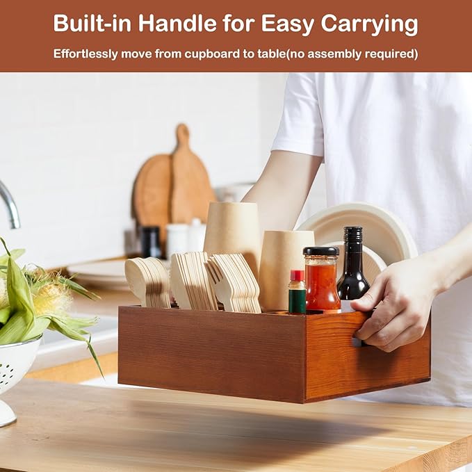 Wood Utensil Holder for Party, 6-Compartment Paper Plate Organizer with Handles, Wooden Silverware Caddy for Picnic, Camping, BBQ, Buffet, and Kitchen Countertop Organization, Brownish red