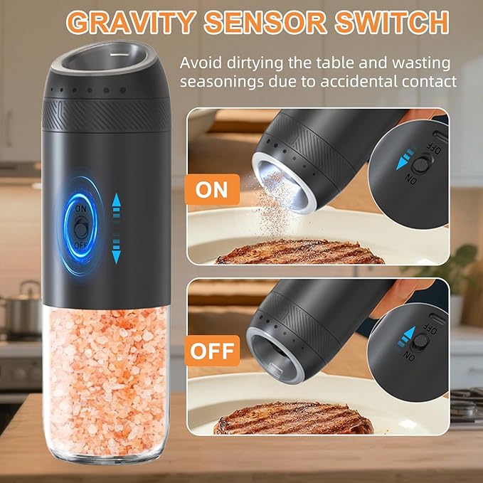 Gravity Electric Salt and Pepper Grinder Set Rechargeable, External Adjustable Coarseness, Automatic Salt and Pepper Shakers Mill with LED Light, 6oz/176ml Large Capacity, House Warming Gifts (2 Pack)