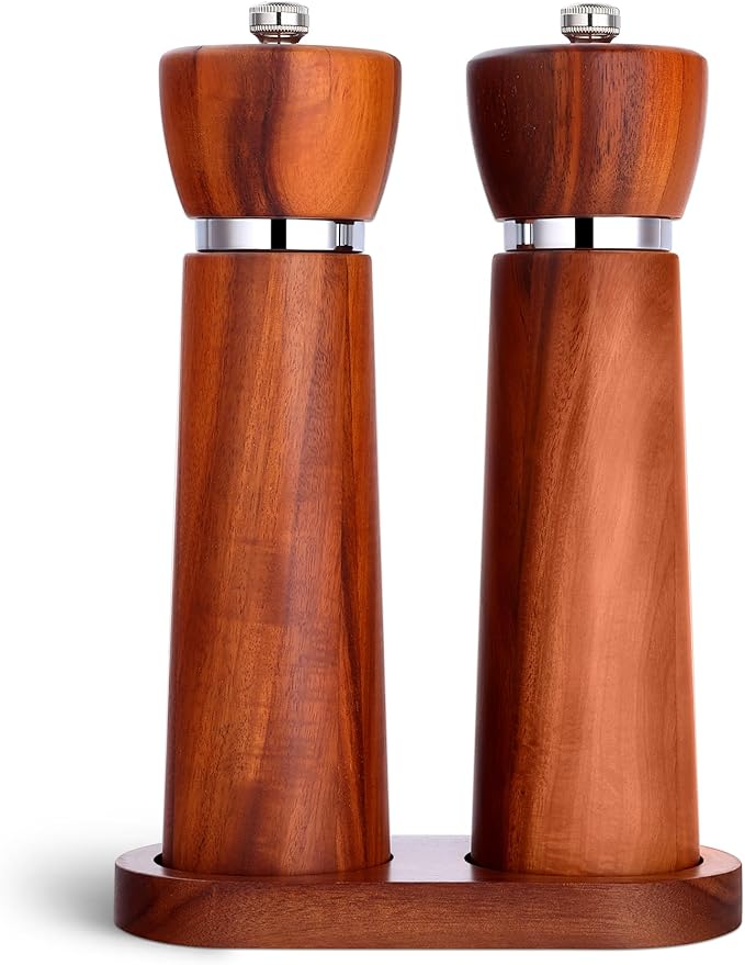 Wooden Salt and Pepper Grinder Set – Refillable Salt and Pepper Mill with Adjustable Upgraded Large Size Ceramic Burr – Manual Pepper Grinder with Acacia Wood Body – 8.3” Tall