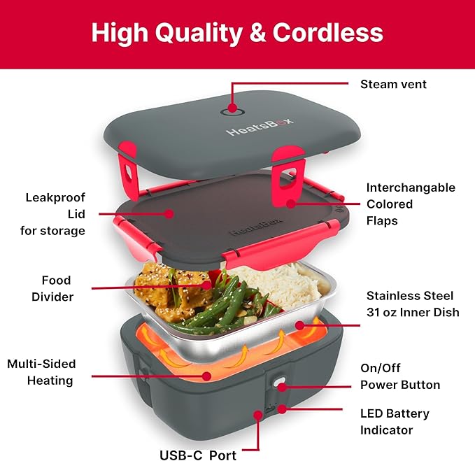 Go Cordless Electric Lunch Box 100W | Rechargeable Self Heating Container | App Control | 3.9 cups Battery Operated Food Warmer for Adults | Car, Truck, Office, Travel | 5V,12V,24V,110V