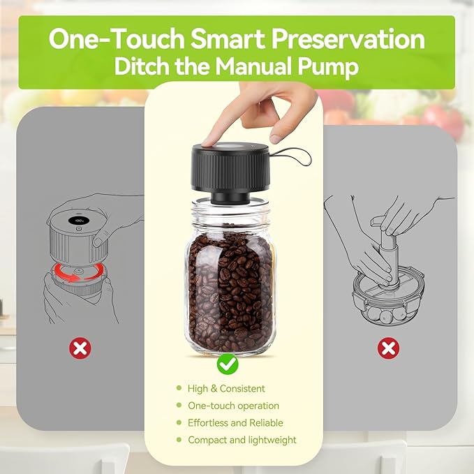 Upgraded 3-in-1 Electric Mason Jar Vacuum Sealer Kit for Mason Jars, Food Savers & Containers | Food Preservation System for Kitchen | Ideal for Canning Jams, Pickles, Dry Foods, Grains & Leftovers