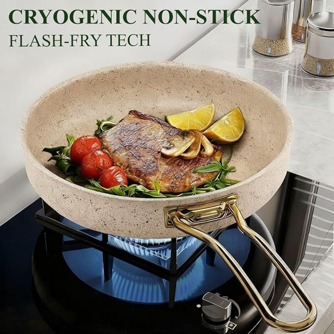 Fully Clad 5-Ply Stainless Steel Cookware Set, 12Pcs Nonstick Pots and Pans Set with Stay-Cool Handles, Induction Compatible, Stackble Design, Includes with Frying Pan, Saucepans and Saute Pan (Beige)