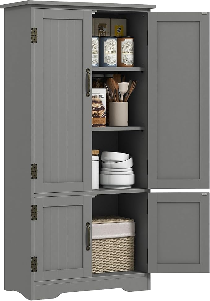 HOMCOM 48.5" Kitchen Pantry Cabinet with 2 Adjustable Shelves and 4 Beadboard Doors, Compact Farmhouse Kitchen Storage Cabinet for Dining Room, Gray