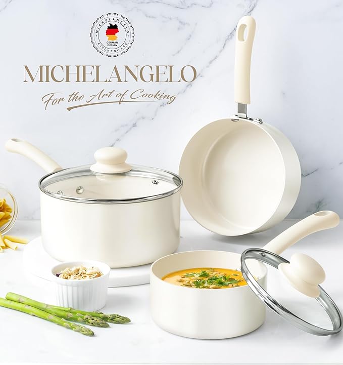 MICHELANGELO Nonstick Sauce Pan Sets, Ceramic Saucepan with Lid, Multipurpose Pot with Lid, Non-Toxic Saucepans, Induction Compatible, 3QT, White