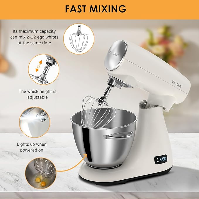 ZACME Mixers Kitchen Electric Stand Mixer 5.5QT 600W, Aluminum die casting and Gears, Dual Cooling System, Low Noise, DC Motor, LED Display and Timing Function, Tilt-head Metal Food Mixer, White