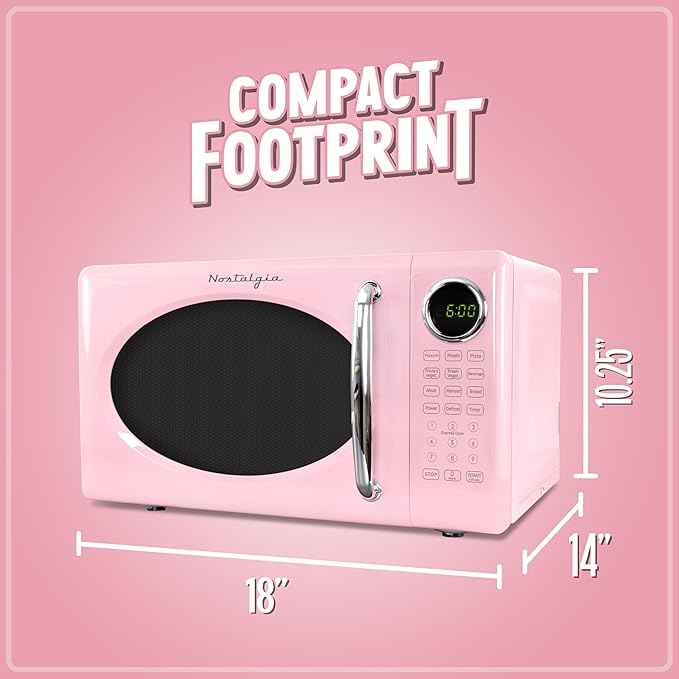 Nostalgia Retro Microwave Oven 0.7 Cu Ft, 700-Watt Countertop Size with Glass Turntable, Child Safety Lock, 8 Auto-Cook Programs, Digital Clock, Pink