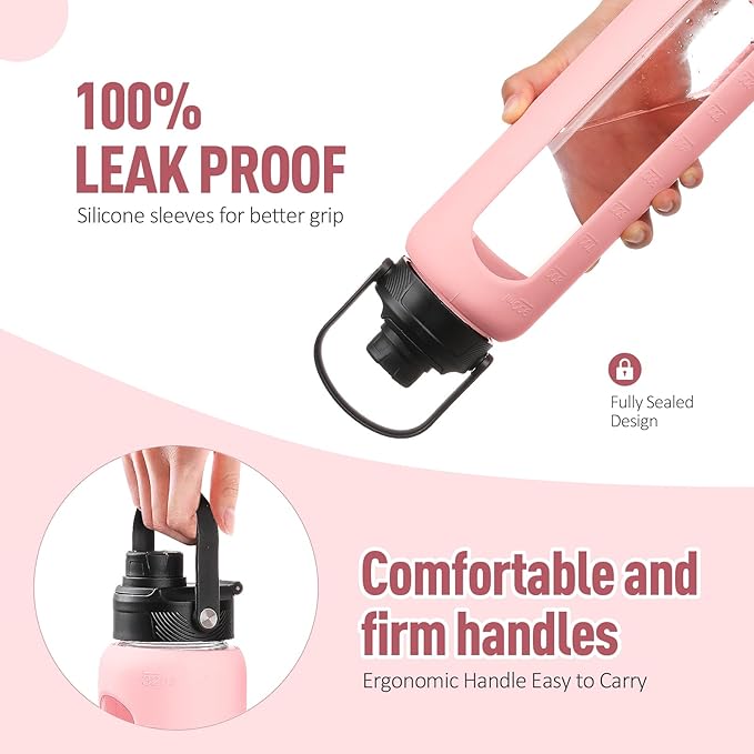 Kodrine Water Bottle with Straw, 24 oz Glass water Bottle with 2 Lids Bamboo Straw Lid and Spout Lid with Handle, 32 oz Clear Water Bottle Glass for Sports Travel, Waterbottle with Time Marker