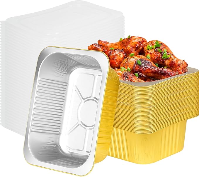 8.6"×6.5"×2.4" - 40 Pack 3LB/48oz Gold Aluminum Foil Pans with Lids Heavy Duty, Foil Food Containers with Lids, Tin Foil Pans for Baking, Meal Prep, Freezer, Heating and Takeout