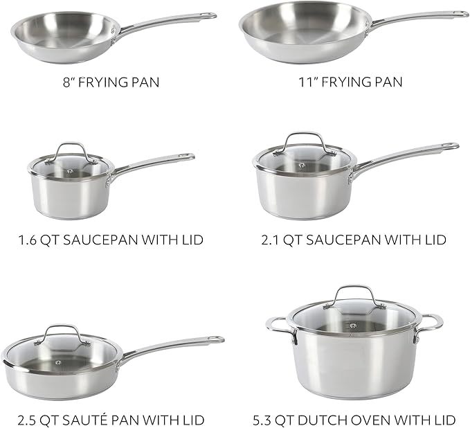 Sur La Table Kitchen Essentials Chef's Deck 10 Piece Stainless Steel Non Toxic Pots and Pans Kitchen Cookware Set w/Triply Encapsulated Base - Induction Safe