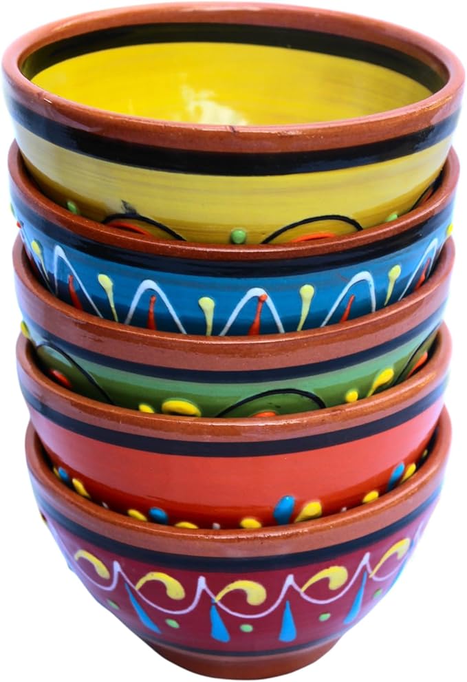 Cactus Canyon Ceramics Salsa Bowls - Spanish Terracotta Multicolor Decor - Small Serving Bowl (European Size), Festive Dinnerware 5 Piece Set - Dishwasher & Microwave Safe