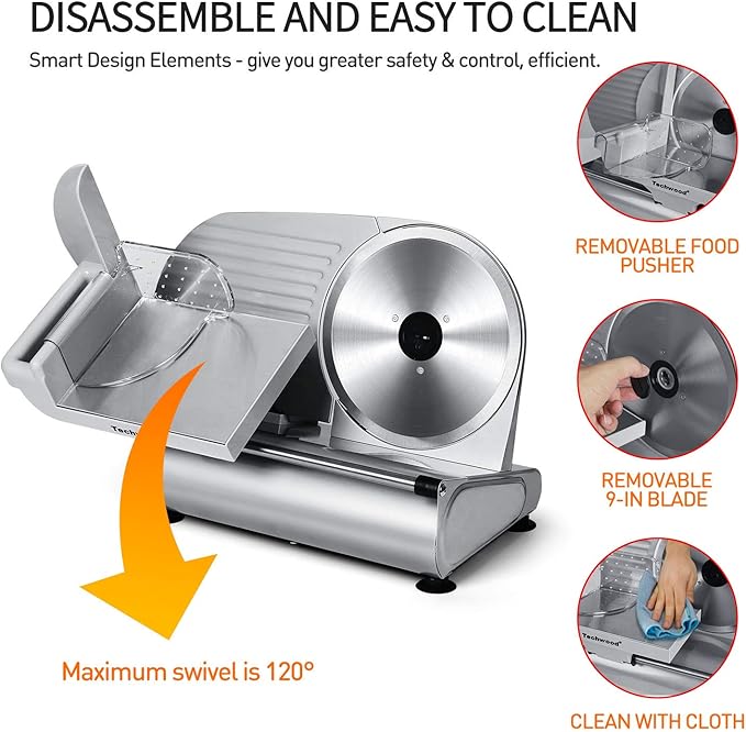 Techwood Electric Meat Slicer, 200W Electric Deli Food Slicer with 9” Removable Stainless Steel Blade & Adjustable Thickness Dial, for Home Use, Ideal for Meat Jerky, Hard Cheese, Vegetables & Bread