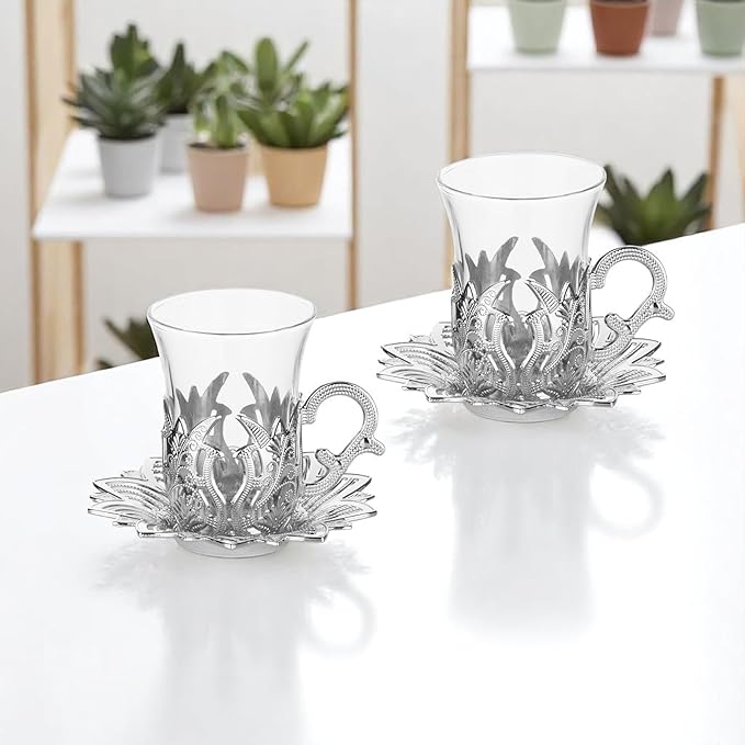 Alisveristime (Set of 2 Turkish Tea Set with Zamac Holders, Glass Cups, and Saucers – Ahsen Ottoman Design, 100ml Capacity, Available in Gold or Silver Color (Silver)