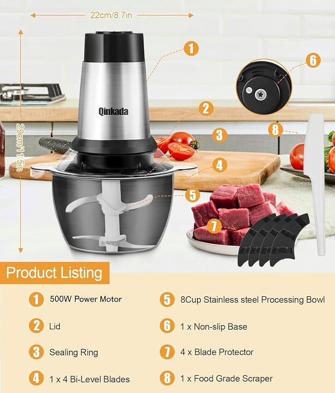 Meat Grinder, 500W Powerful Food Processors, 8Cup Stainless Steel Bowl, 3 Speed Modes 4 Bi-Level Blades for Onion, Meat, Nuts, Fruit, Garlic, Vegetable, Baby Food
