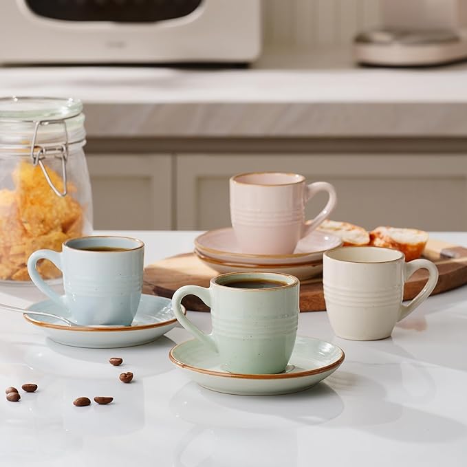 famiware Jupiter Espresso Cups and Saucers Set of 4, 3 oz Ceramic Small Coffee Mug with Handle, Spiral Stoneware Demitasse Cup for Tea, Latte, Cafe - Microwave & Dishwasher Safe, Multi-color