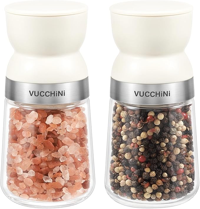 Vucchini Salt and Pepper Grinder Set with Adjustable Coarseness Ceramic Pepper Mill Manual Effortless Salt Grinder Spice Grinder for Home, Kitchen, Beige