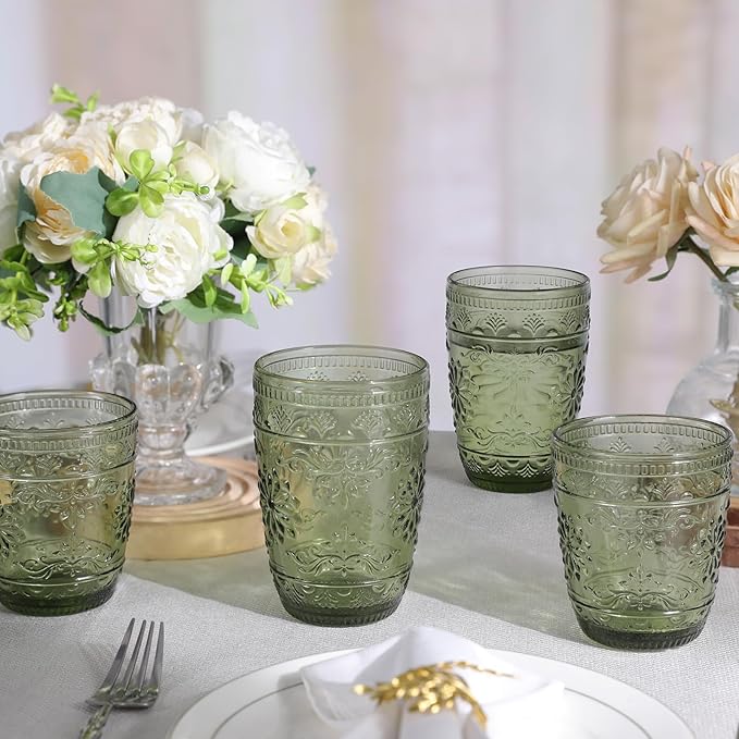 6Pcs Green Drinking Glassware, 10oz Drinking Glasses, Heavy Duty Glass Cups, Colored Embossed Glasses Set for Party Wedding Home Office Glassesware Gift