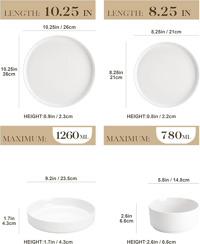 MALACASA 24 Pieces Porcelain Dinnerware Set, Modern White Dish Set for 6, Premium Serving Plates and Bowls Sets, Chip and Scratch Resistant Dishware Sets Kitchen Dishes Dining Ware Set, Series LEAH