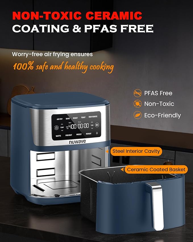 Nuwave Brio Plus 6-in-1 Air Fryer, 7-Qt Large Capacity, 50°F–400°F Precise Temp Control, Non-Toxic PFAS-Free Nonstick, Air Fry, Bake, Roast, Toast, Dehydrate, Reheat, 100 Presets, Dishwasher Safe