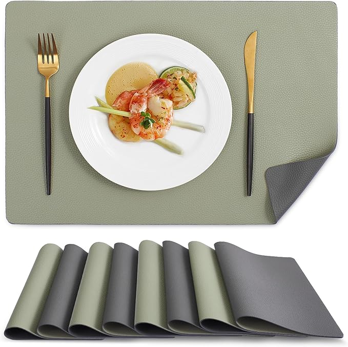 MOSAYT Vinyl Placemats Set of 8, Heat Resistant Place Mats 100% Waterproof Washable & Wipeable Faux Leather Reversible Table Mats for Kitchen Dining Party Outdoor, 12" x 17", Light Grey/Sage Green
