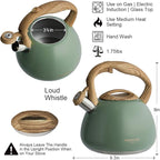 Poliviar Tea Kettle, 2.7 Quart Seaweed Green Finish with Wood Pattern Handle Loud Whistle Food Grade Stainless Steel Teapot, Anti-Hot Handle and Anti-Rust, Suitable for All Heat Sources (JX2020-SB30)