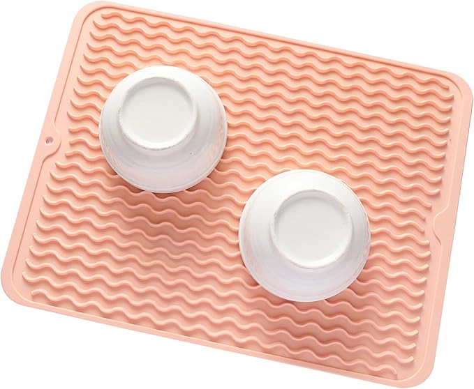 Silicone Dish Drying Mat for Multiple Usage,Easy clean,Eco-friendly,Heat-resistant Silicone Mat for Kitchen Counter or Sink,Refrigerator or drawer liner Pink L 16 inches x 12 inches