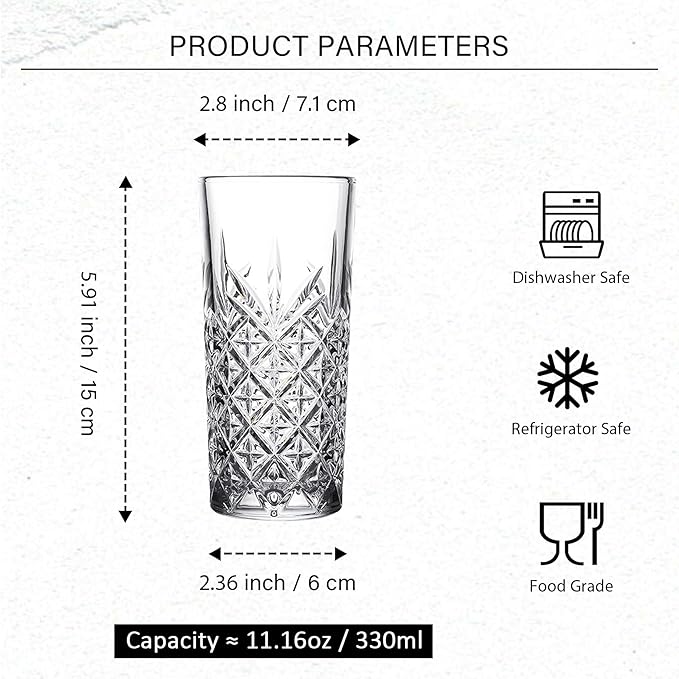 Highball Glasses Set of 6-11 oz Drinking Glasses - Tall Water Glass Sets - Glassware for Bar Mixed Drink Cocktail, Juice, Mojito, Iced Tea