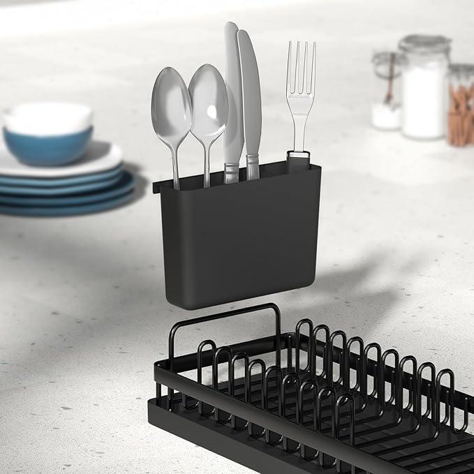 Small Dish Drying Rack, Compact Sink Dish Drainer Plate Rack Organizer with Utensil Holder and Silicone Drying Mat for Kitchen Counter, RVs, Apartments
