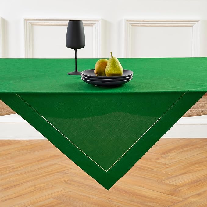 Solino Home Linen Tablecloth 52 x 52 Inch - 100% Pure Linen Garden Green Square Tablecloth - Classic Hemstitch, Machine Washable Table Throw