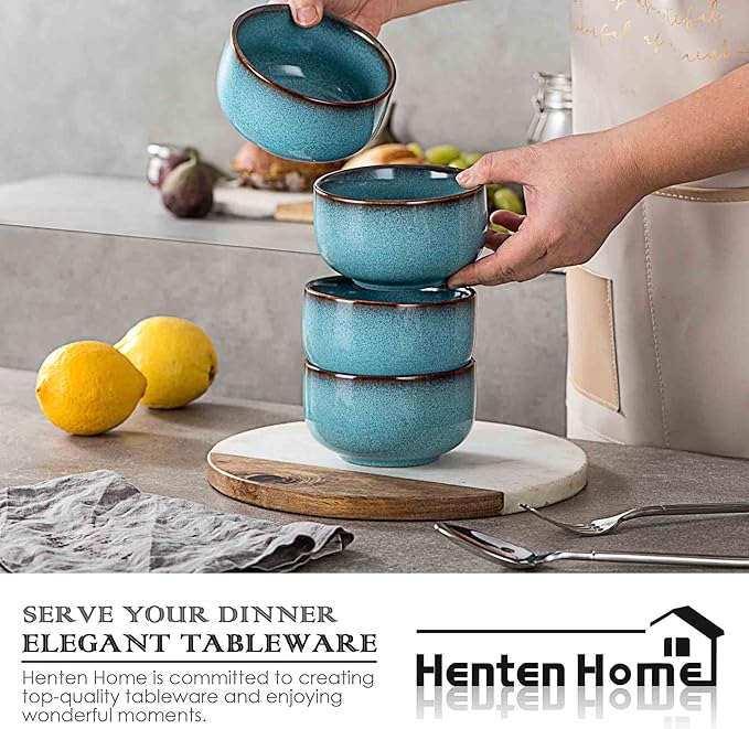 Henten Home Ceramic Salad Bowl Set, 15 OZ Cereal Bowls Set of 4, Porcelain Rice Bowls for Kitchen, Reactive Glaze Serving Soup Bowls for Snack, Pasta, Microwave Safe (Aqua)