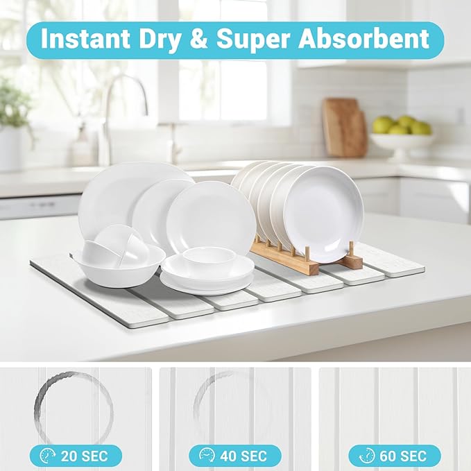 2Pack Stone Dish Drying Mats for Kitchen Counter, Quick Dry Absorbent Diatomite Sink Tray, Foldable Non Slip Dish Rack Mat for Dishes Cups, Perfect for Kitchen Bathroom White (15.5"x11.8" & 8.2"x4")
