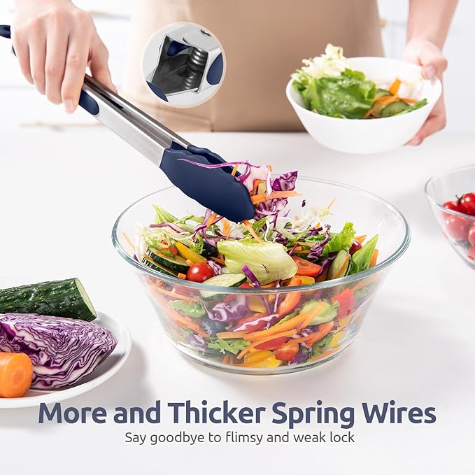 600ºF Heat Resistant Kitchen Tongs: U-Taste 9+12 inch Silicone Cooking Tong Set with Firm Sealed Non Stick Rubber Tips and Silicon Coated 18/8 Stainless Steel Handle for Serving Grilling-Midnight Blue