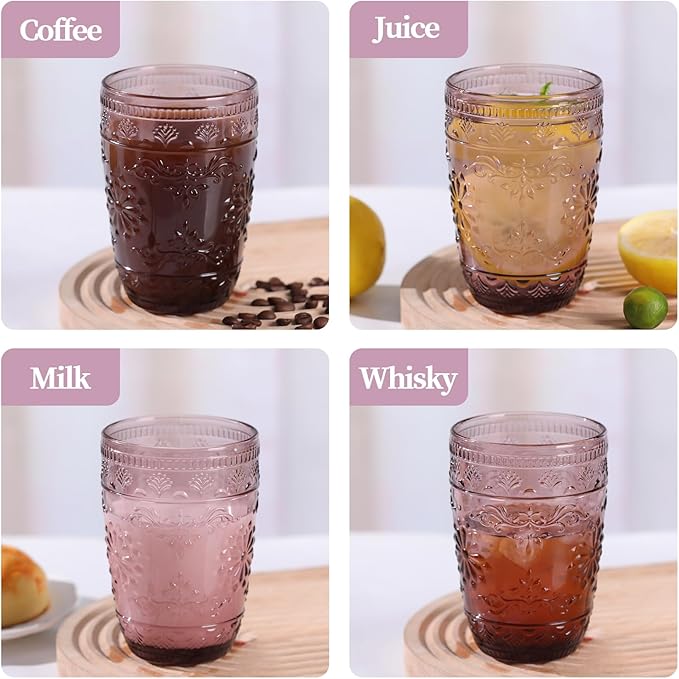 14OZ Drinking Glasses Set of 4, Purple Drinking Glasses, Colored Glassware Drinking, Highball Beverage Glasses Cup, Vintage Glassware Set for Water, Juice, Cocktail, Coffee