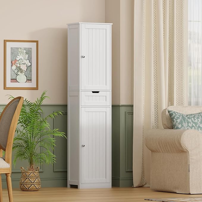 67" H Tall Bathroom Cabinet with 2 Doors & 1 Drawer, Narrow Bathroom Storage Cabinet with Adjustable Shelves, for Living Room, Entryway, Kitchen, White