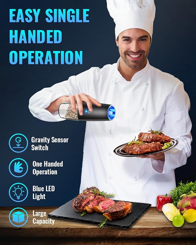 Rechargeable Electric Pepper and Salt Grinder Set, No Battery Needed, whit Gravity Sensing Switch and LED Light, One Hand Automatic Operation, Black, 2 Pack