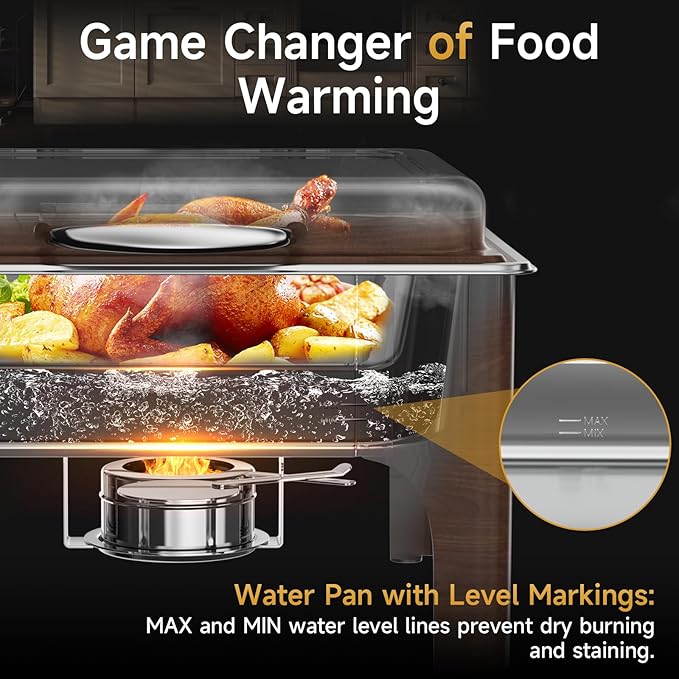 Chafing Dishes for Buffet, 6QT Square Stainless Steel Chafing Dish with Transparent Hydraulic Lid, 304 Food Pan, Buffet Warmer for Parties and Events (Wood Color)