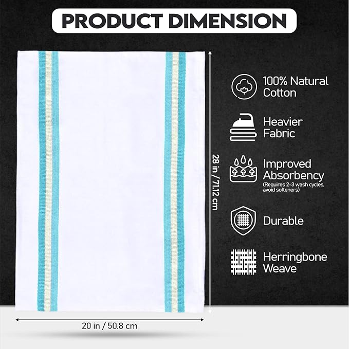 Premium Kitchen Towels (28”x20” - 12 Pack) 100% Natural Cotton Large Dish Cloths | Dish Towels for Kitchen with Hanging Loop, Reusable Cleaning Cloths, Lint Free | Bleach Friendly | Assorted Colors